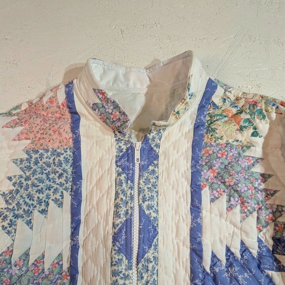 Vintage Quilted Floral Zip Jacket – Women's Large Blue White Pastel - Picture 9 of 11